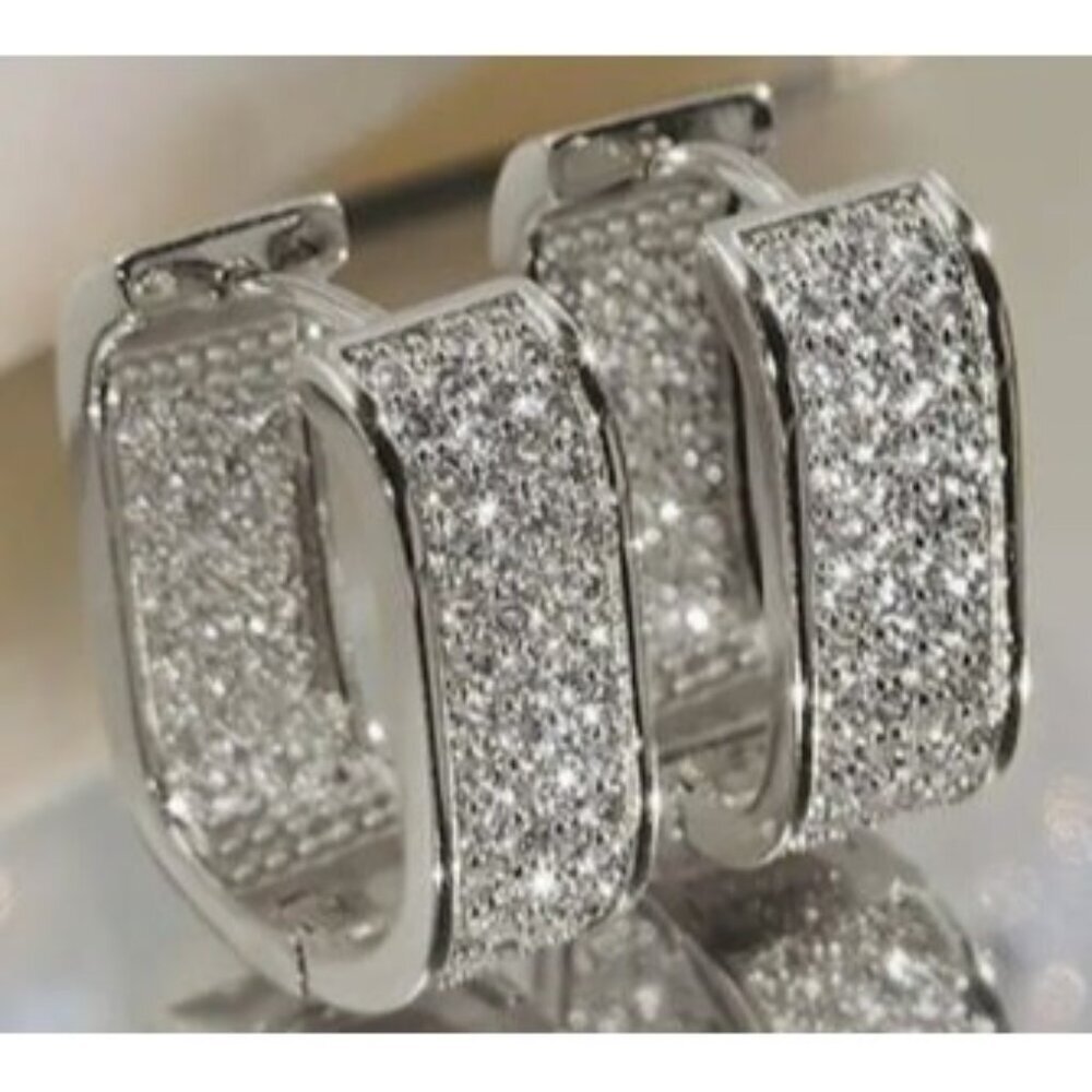 18k White Gold Simulated Diamond Zircon Squared Hoop Earrings - Picture 2 of 3
